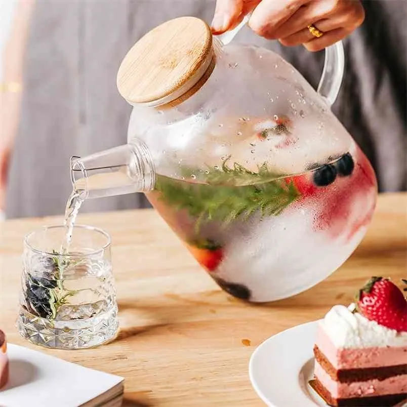 Big Heat-Resistant Glass Teapot Flower Tea Kettle Large Clear Fruit Juice Water Container Ceramic Holder Dropship 210813