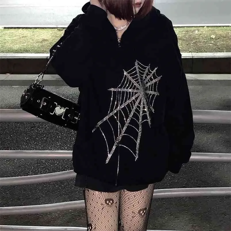 HARAJUKU Dış Giyim Fermuar Tişörtü Emo Alt Giyim Gotik Punk Örümcek Web Kapüşonlu Kadınlar Peri Grunge Koyu Artı Boyutu Hoodies 210909