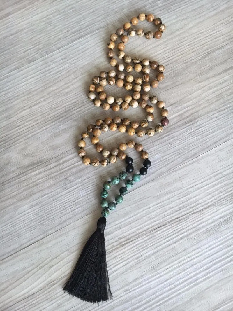 Pendentif Colliers 108 Collier de perles Mala Turquoises africaines Onyx noué à la main Prière pour hommes Yoga Méditation2241