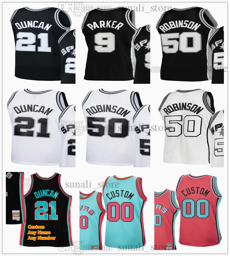 Basket retrò personalizzato Sean Elliott 32 Maglie Tony Parker 9 David Robinson 50 Tim Duncan 21 Nero Bianco