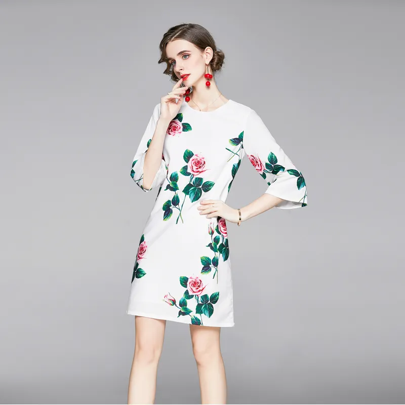 Projektant Wiosna Kobiety Elegancki Kwiatowy Drukowana Dress Moda Luźna Party Robe Kobiet White Casual Mini Sukienki Vestidos 210525