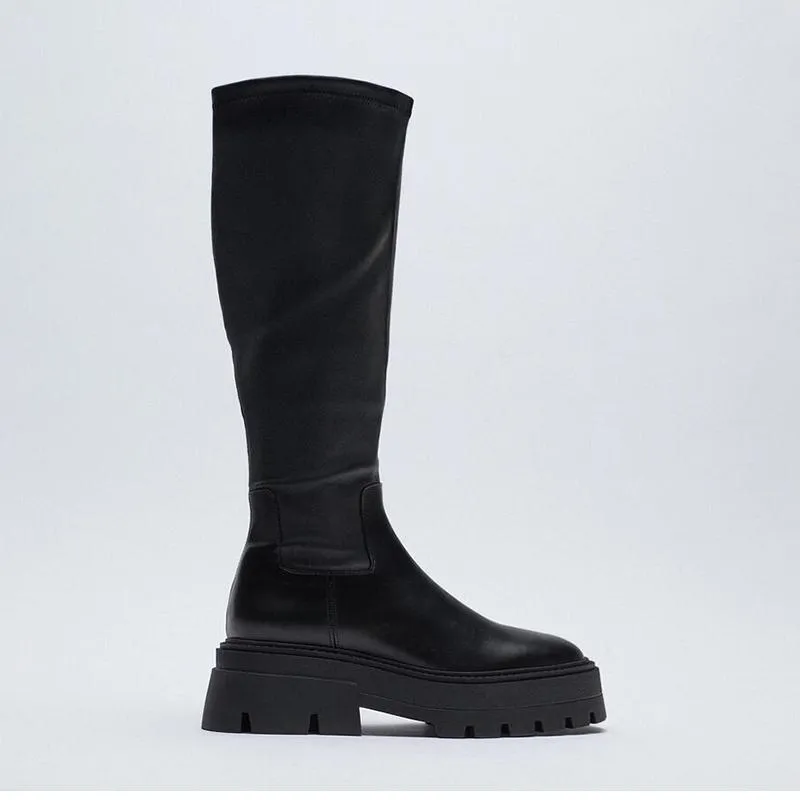 Bottes longues en cuir PU noir pour femmes, semelle rainurée, hauteur du genou, bout rond, bas élastique à enfiler