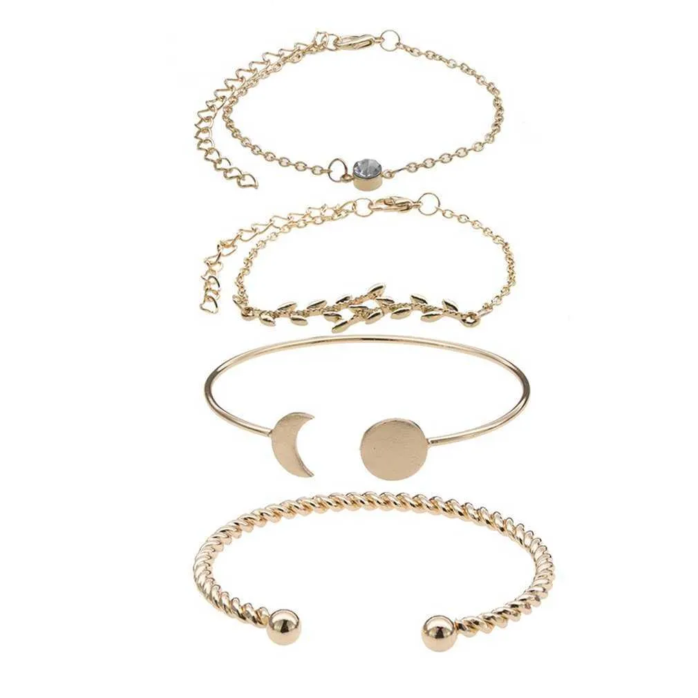 Four-piece Bracelet Set with Thin Chain Leaves Alex Vines Crescent Full Moon Shape Girl's Hand Ornament Q0622