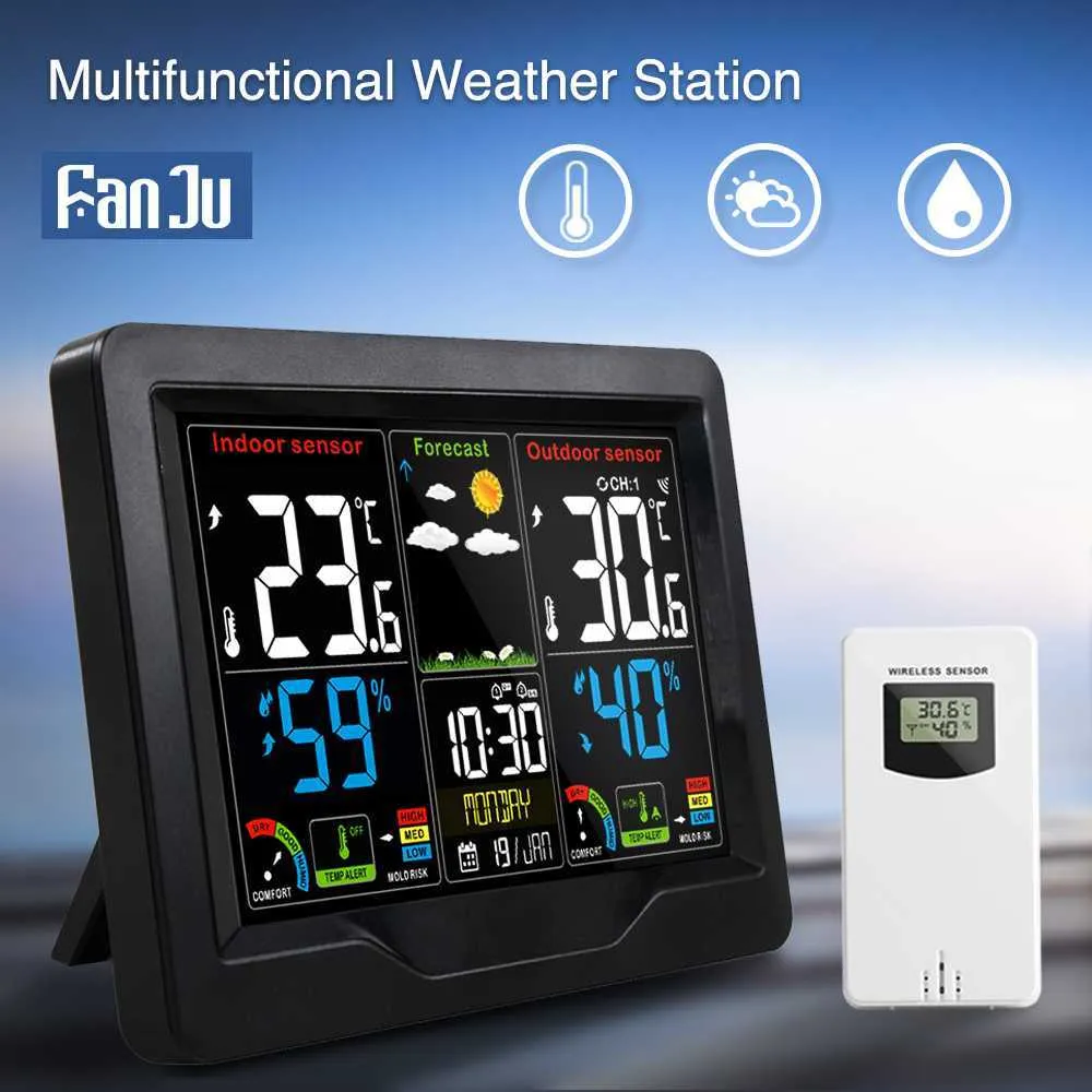 FanJu Digitales Außenthermometer Hygrometer Wecker Heimwetterstation Drahtloser Sensor Kalender Komfort Tisch Schreibtischuhr 210719