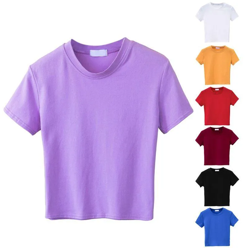 Damen T-Shirt Damen Mädchen Sommer Kurzarm T-Shirts 2021 Einfarbig Halb Stehkragen Pullover Slim Crop Top Sport Basic Casual Streetwea