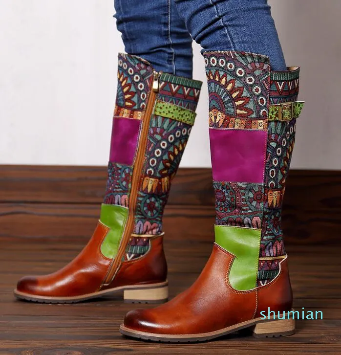 Designer Kvinna Äkta Läder Stitching Hit Färg Kattunge Heel Kvinnors Stövlar Martin Knee Cowskin Boots Kvinnor Skor EUR36-42