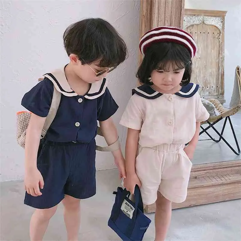 Summer Korean Style Kids Sailor Collar Cotton Linen Clothes Sets Boys Girls T Shirt+Shorts 2Pcs Kid Clothing Baby Boy 210528