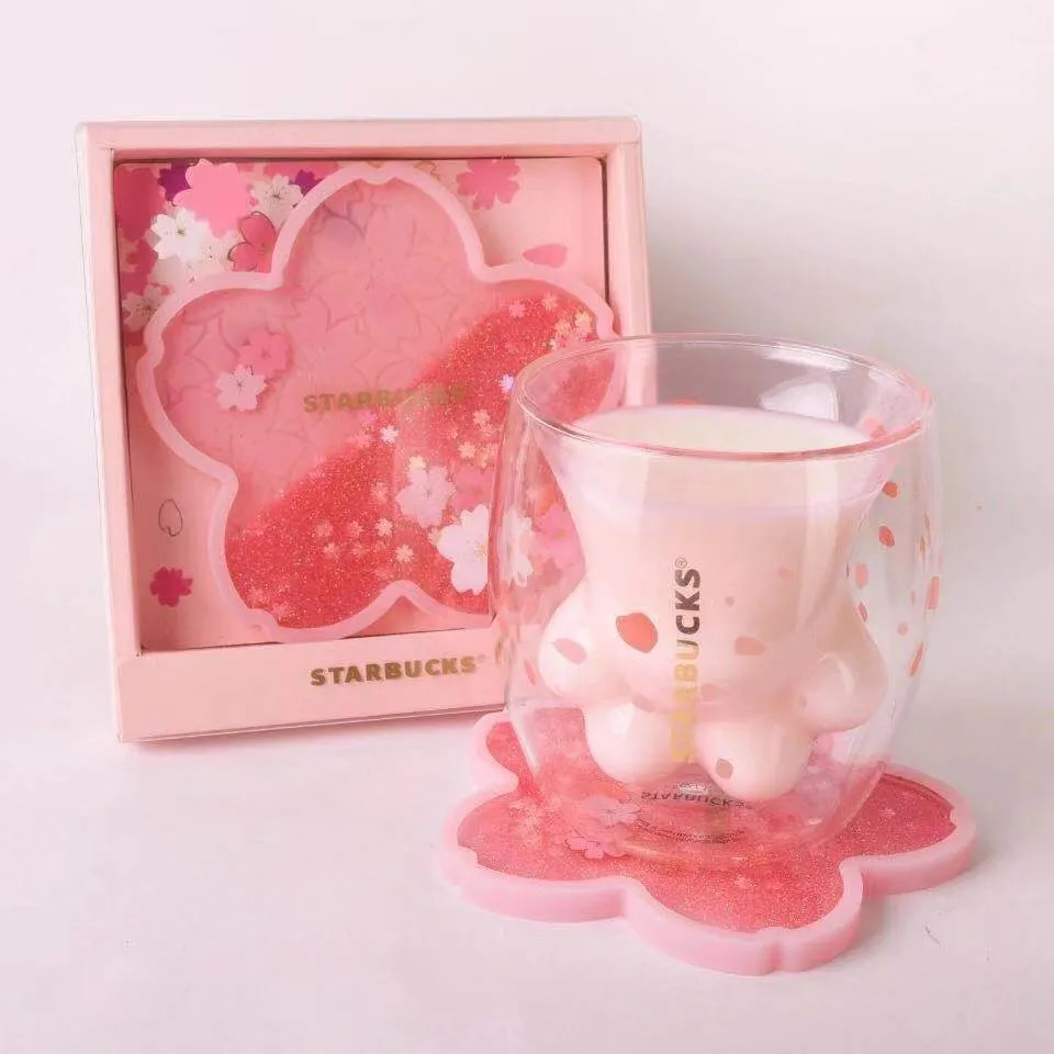Limited Edition Starbucks Cute Cat Foot Mugs with Coaster Cat-claw Coffee Mug Toys Sakura 6oz Pink Double Wall Glass Cups
