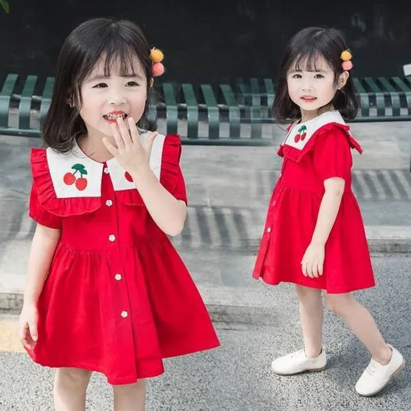 Cherry Baby Girl Dress 2020 Summer Sailor Collar Red Short Sleeve Dress Kids Clothes 2-6Y LT021 Q0716