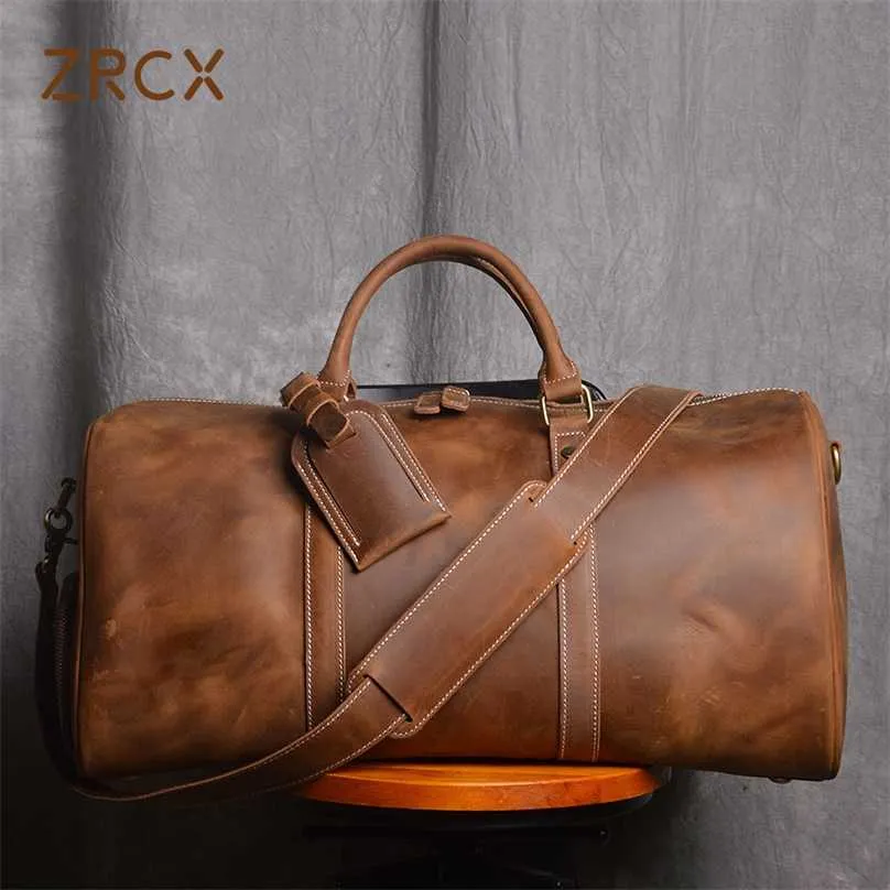 ZRCX Vintage Sac à bagages à main pour hommes Voyage en cuir véritable de grande capacité Messenger à bandoulière unique pour ordinateur portable de 15 pouces 211118