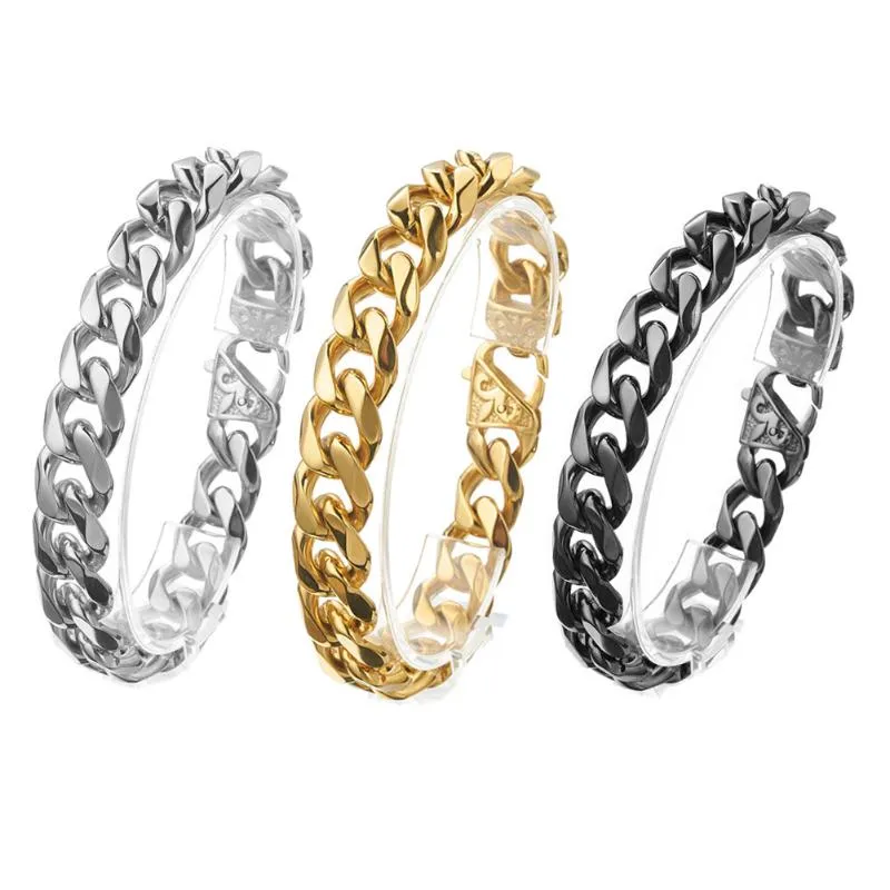 Link, Chain Punk Style Cuban Link Bracelet For Men Women Silver Gold Black 316L Stainless Steel Bangle Jewelry Gift 7-11inch Free Ship