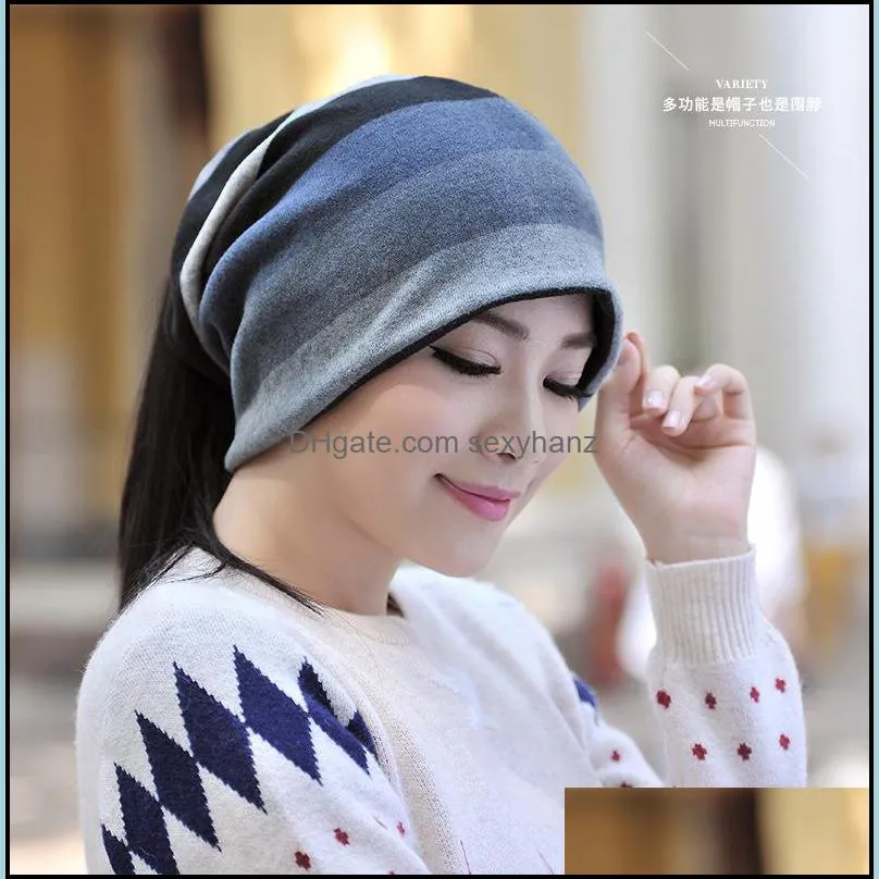 New Autumn Winter Women Stripe Hat Horsetail Cap Beanies Neck Warmer Big Girls Lady Knitted Hats M253