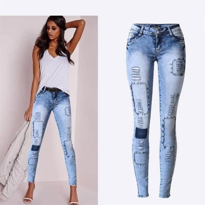 Sommarstil låg midja himmelblå lapptäcke skinny tight penna jeans högsträckt sexig push up denim mode 210809