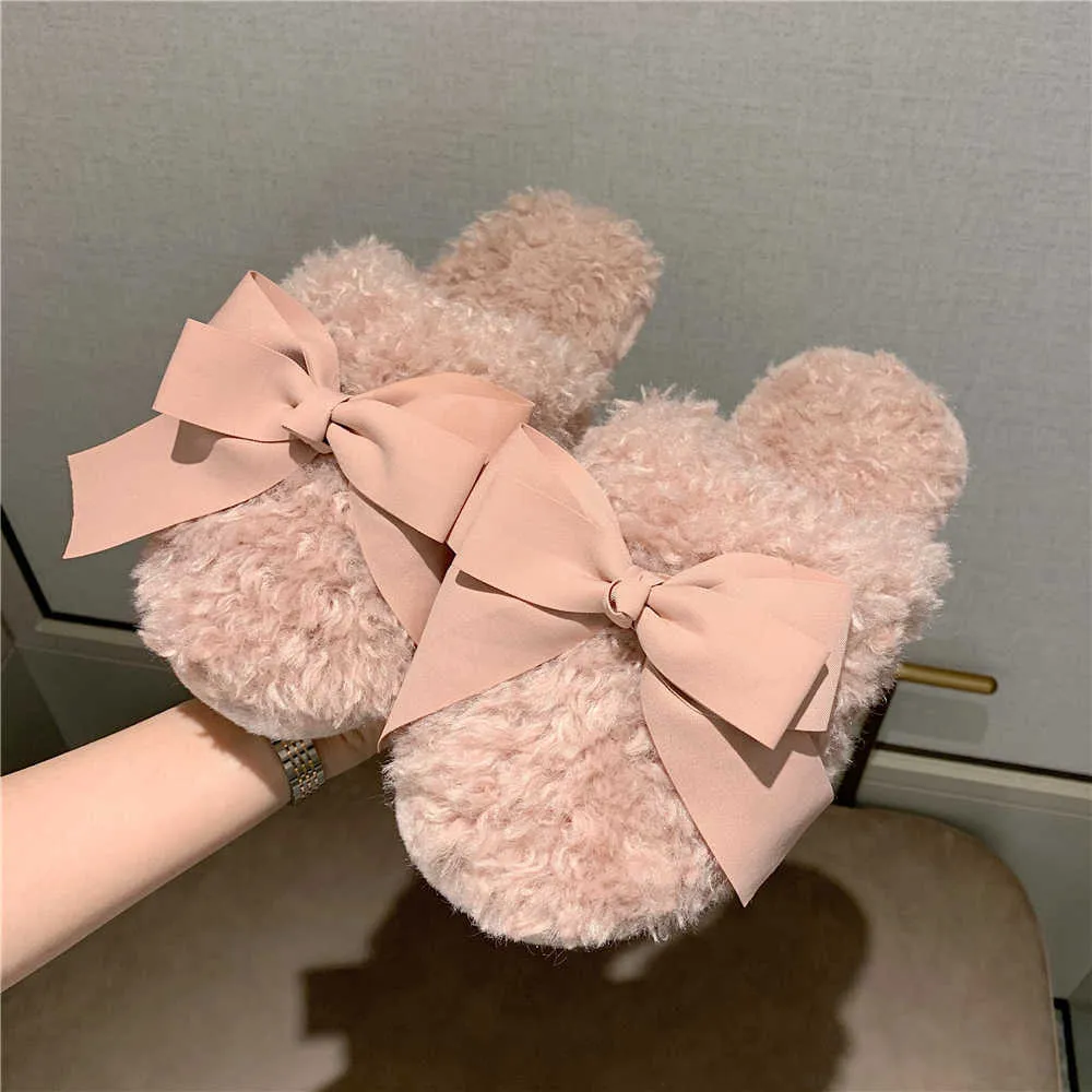 Söt båge fuzzy tofflor vinter faux päls glider mjuka inomhus kvinnor tofflor för hem fluffig slipper rosa plysch hus skor kvinna h0914