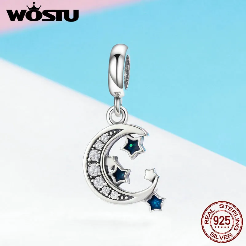 WOSTU 100% 925 Sterling Silver Starry Sky Moon & Stars Dangles Charm fit Bead Bracelet Pendant Necklace DIY Jewelry Gift FIC639 Q0531
