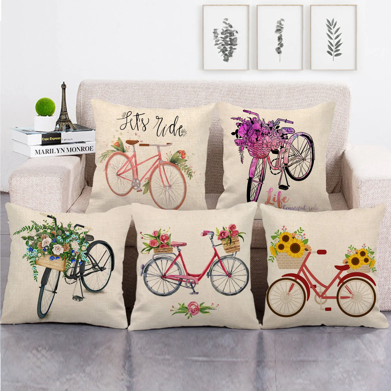 Watercolor Bicycle And Flowers Throw Pillow Cover 45x45 Cm Linen Cotton Decorative Cushion Case For Sofa From Mimi13 5.02 DHgate.Com
