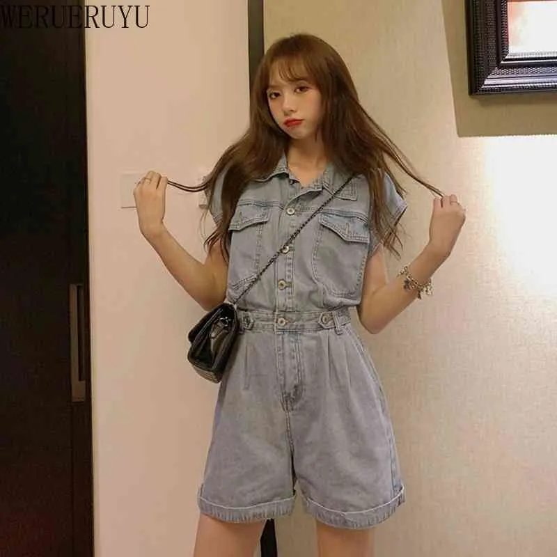 Werueruyu mode sexy denim overalls vrouwen zomer jumpsuit vrouwelijke denim rompertjes playsuit salopette riemen shorts rompertjes 210608