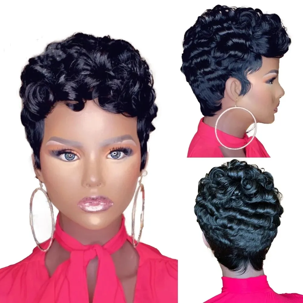 Krótkie kręcone fryzura Bob fryzura Pixie pełna maszyna wykonana bez koronki peruki z ludzkich włosów z grzywką dla czarnych kobiet Remy brazylijska peruka