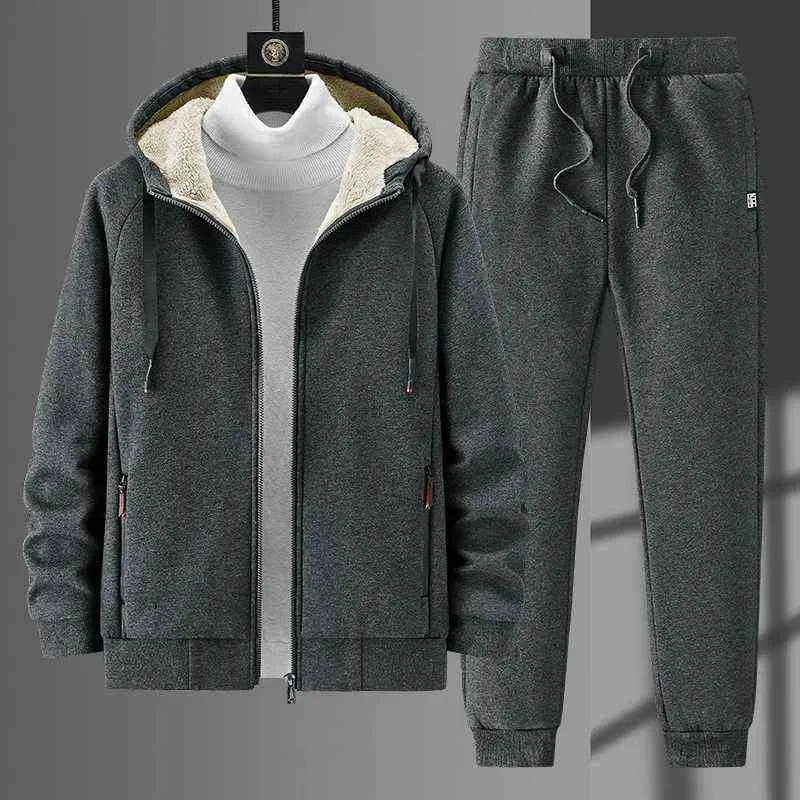 Vinter tjock varm fleece tracksuit män plus storlek hooded 2 stycke set termisk jacka + byxor sportkläder casual sport passar 8xl y1221