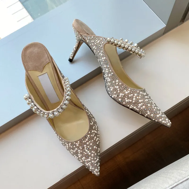 Bing 65mm tofflor Gem-embellished Studded Anklet Stiletto Heels Mules Shoes Rhinestone P￤rlade p￤rlsandaler Kvinnor lyxiga designers sko fabrikskorskor