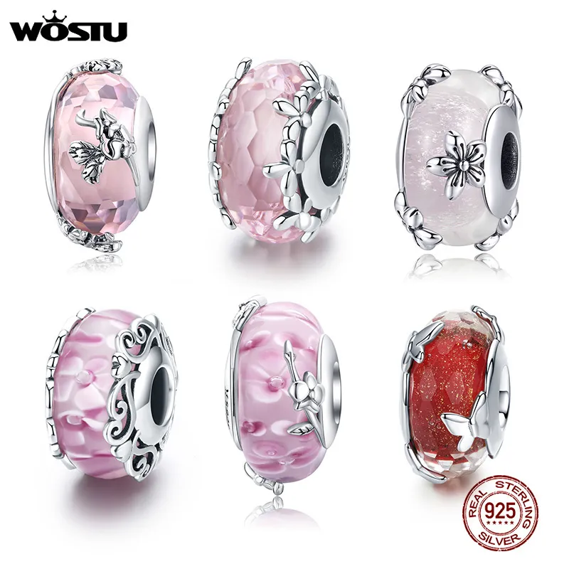 WOSTU Real 925 Sterling Silver Murano Glass Pink Beads Crystal Round Charms Fit Original Bracelet Pendant Luxury Jewelry Making Q0531