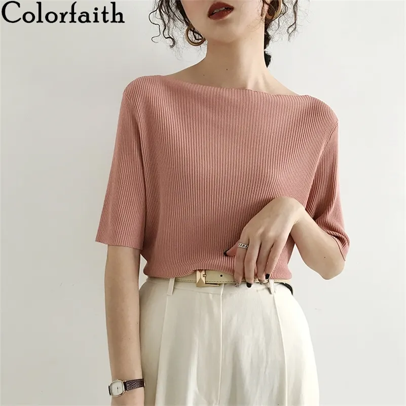 Colorfaith المرأة الجديدة الصيف القمصان الصلبة متعددة 6 ألوان القاع عارضة مائلة الرقبة الحياكة مرونة بلايات البرية T1608 210306