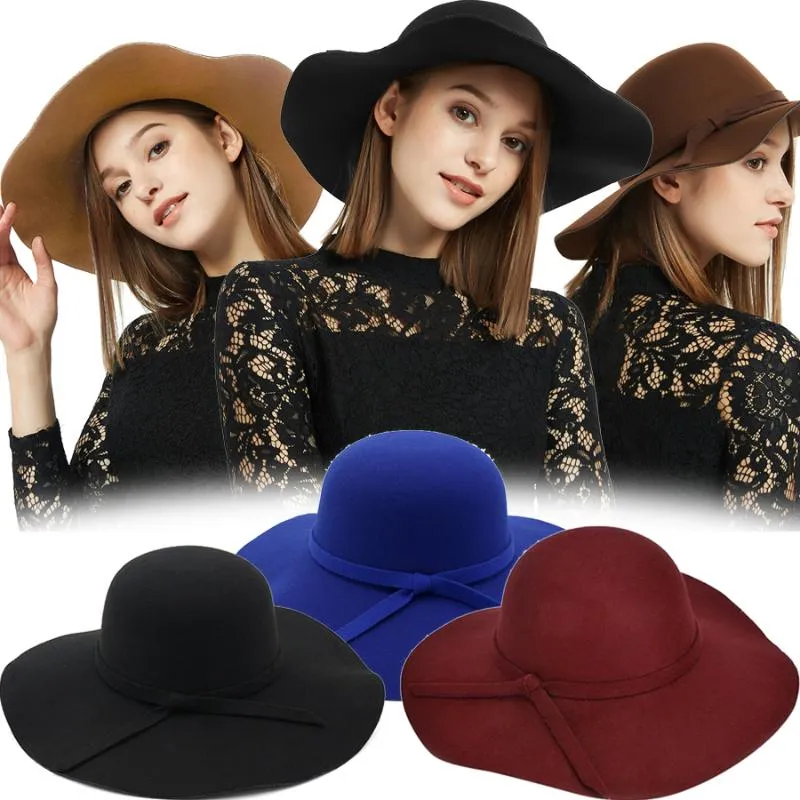 Cappelli a tesa avara Autunno Inverno Bombetta per donna Fashion Lady Cappello Fedora in feltro di lana largo Floppy Cloche nero