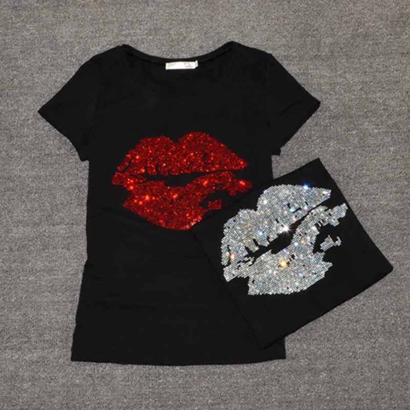 トップ販売Tシャツ女性夏半袖フェミニネファッションセクシーリップクリスタルTシャツOネックソフトコットンレディースティーシャツY19060601