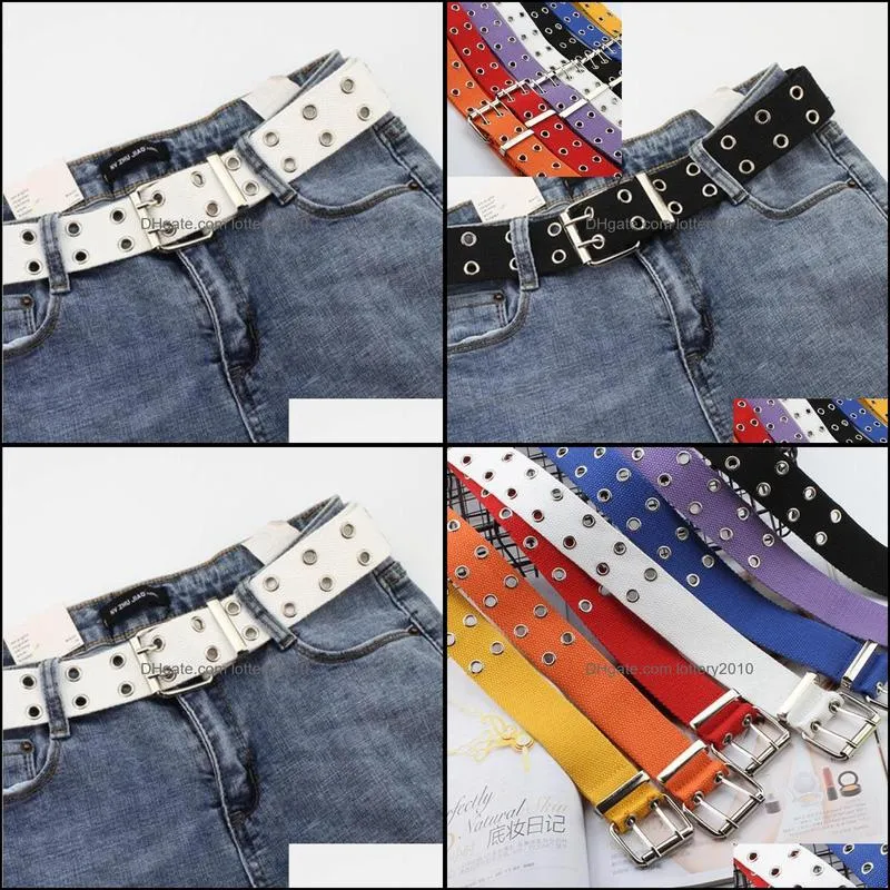 Canvas Double Grommet Holes Belt 2-Row Studded Women Men Belts Band Gift ZXX1012