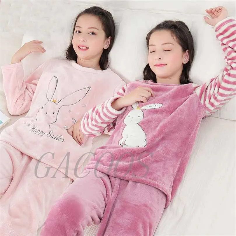 Garçons Filles Vêtements Pyjamas Ensemble Flanelle Polaire Chaud Catoon Vêtements De Nuit Adolescent Maison Costume Hiver Automne Printemps 6 8 10 12 14Y Pyjamas Enfants 211105