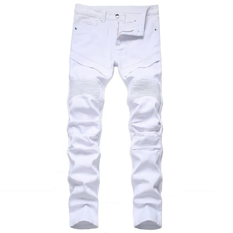 Trendy Patchwork Blanc Plissé Hommes Slim Fit Biker Jeans Solide Long Denim Pantalon Hommes Vêtements Casual Hombres Moto Jeans 211011