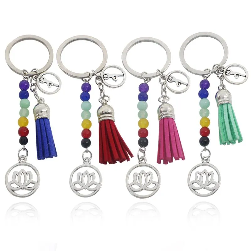 Keychains Moda Couro de Veludo Tassel Lotus Keychain Key Ring Seven 7 Chakra om Yoga Energy Chain 8mm Reiki Holder