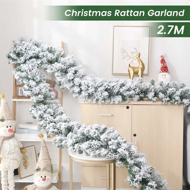 2.7m Pine Needle Garland Christmas Decor Bar Tops Lint Sneeuw Getipte Groene Boom Ornamenten Xmas Feestartikelen 211019
