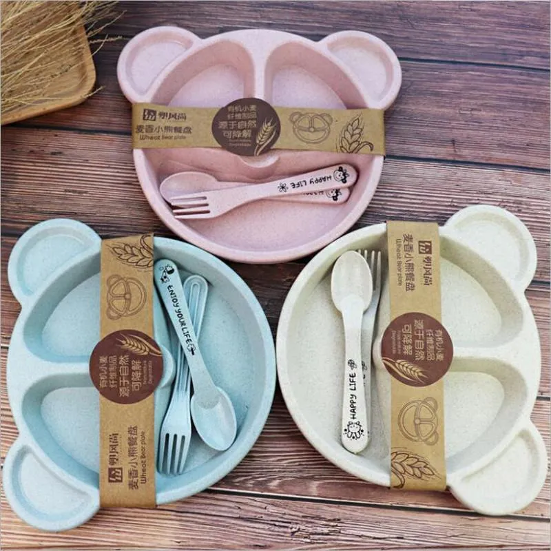 Wheat Straw Baby Tableware Newborn Feeding Plates with Spoon Fork Food Dinnerware Set Cute Cartoon Panda Children Dishes