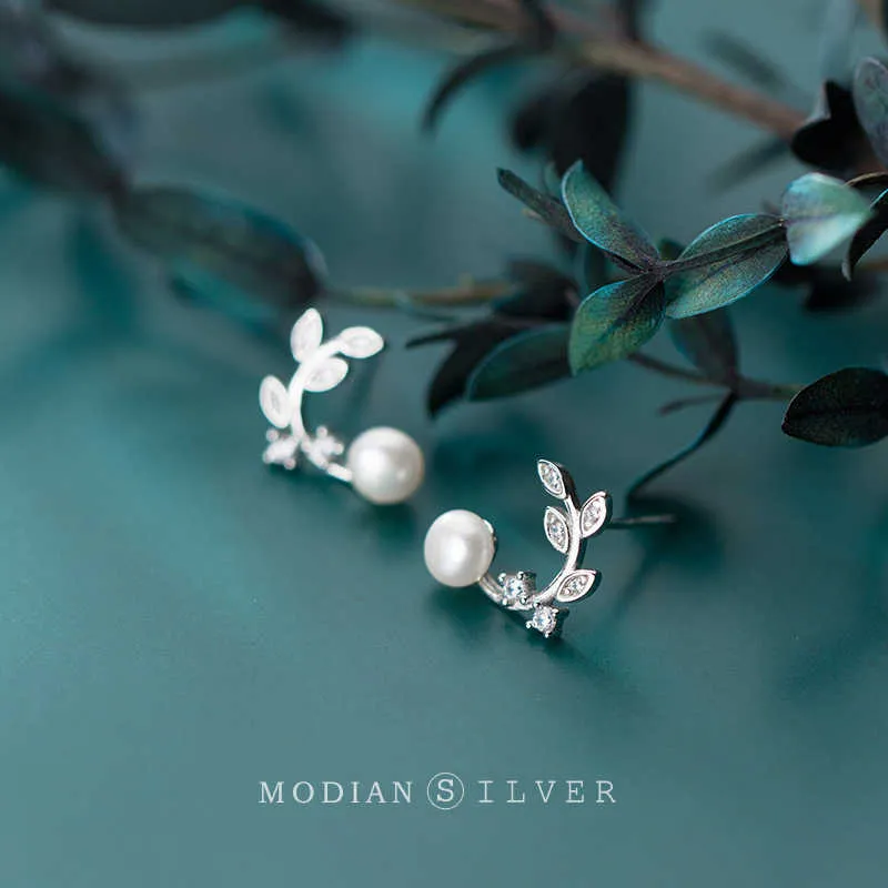 オリーブの木の葉のためのスタッドイヤリング女性のファッション925スターリングシルバーエレガントな真珠の耳のピンファインジュエリーアクセサリー210707
