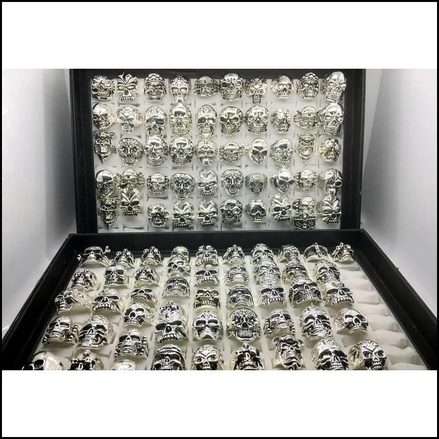 Wholesale Lots Top 50pcs Vintage Skull Carved Biker Men`s Silver Plated Rings Je jllWji yy_dhhome