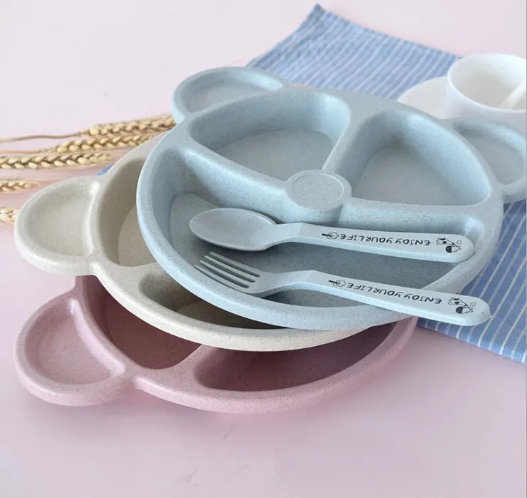 Tecknad baby barn rätter tallrikar porslin set wheat straw dinnerware matar mat tallrik skål set med sked gaffel miljövänlig