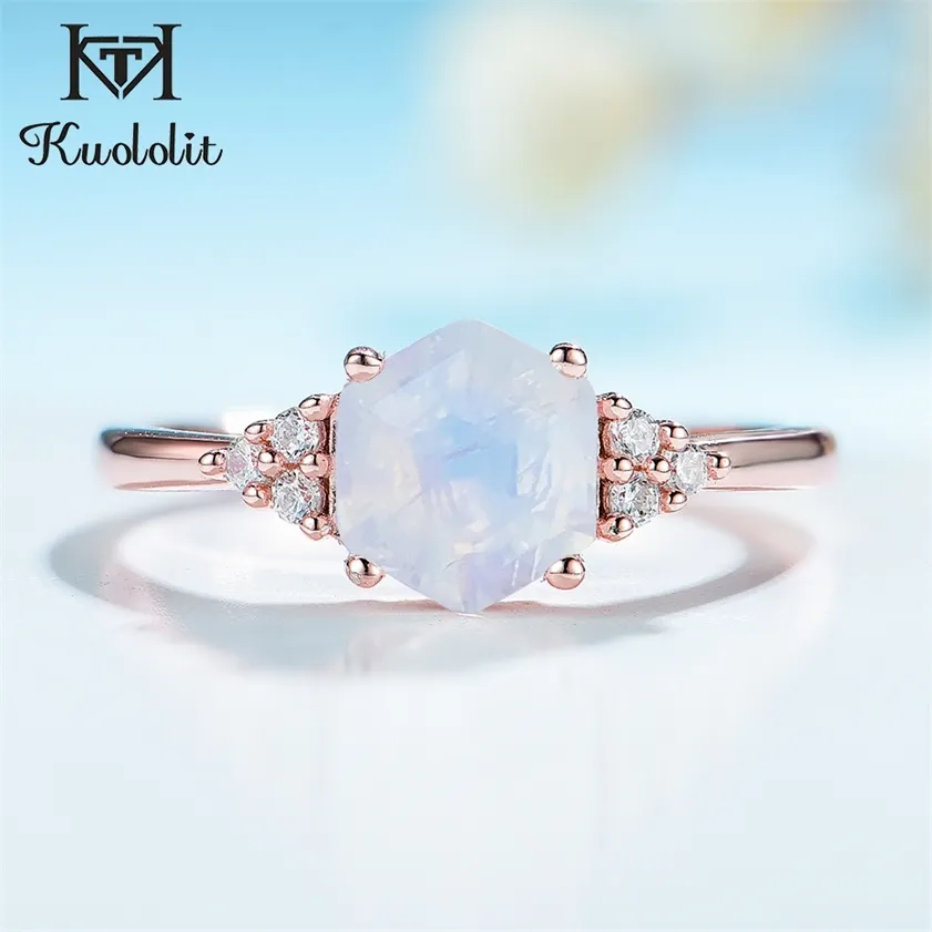 Kuololit 585 Rose Gold Nautral Rainbow Moonstone Gemstone Pierścienie dla kobiet 925 Silver Silver Damska Ring Trend 220216