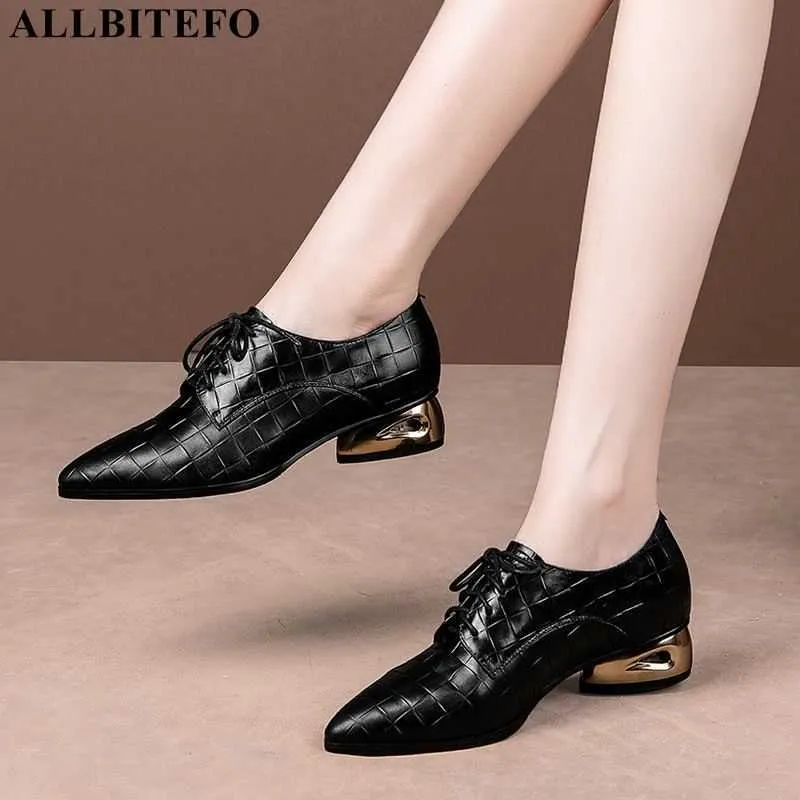 ALLBITEFO size 34-42 golden heel Check texture design natural genuine leather women heels fashion high heels low heel shoes 210611
