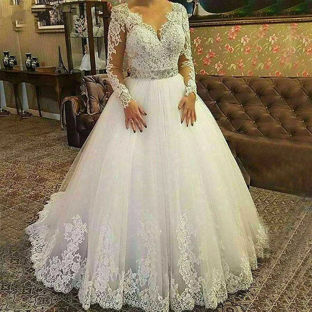 Plus Size Bridal Gowns With Sleeves Elegant V Neck Appliqued Wedding Dress,  Long Sleeve White Ivory Formal Gown From Fittedbridal, $123.08 | DHgate.Com