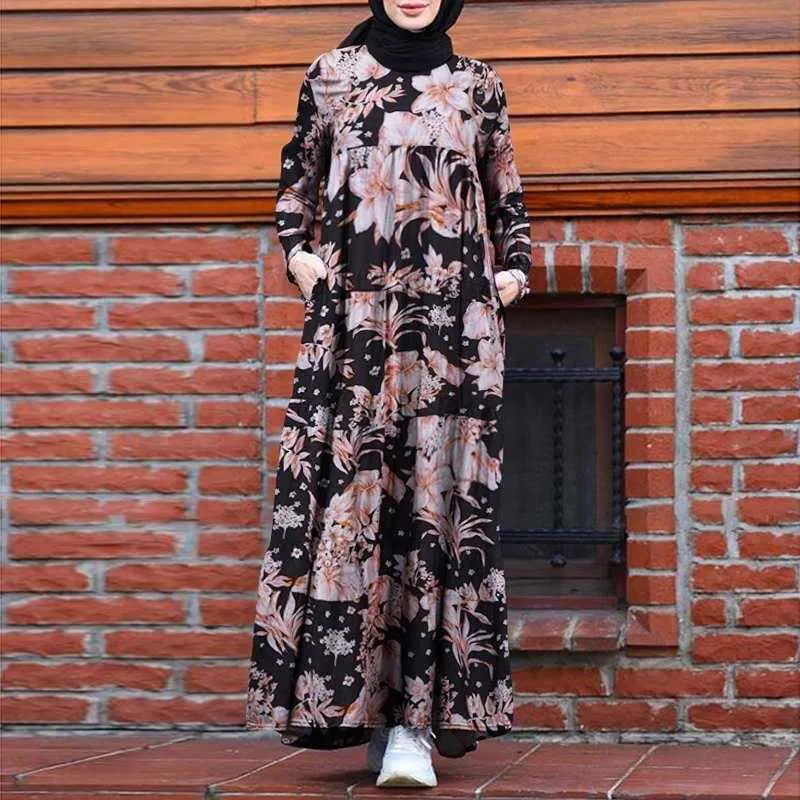 Retro Dubai Abaya Turchia Abito Hijab Donna Vintage Stampa floreale Maxi Vestito estivo Estate manica lunga Caftano Musulmano Vestido 210712