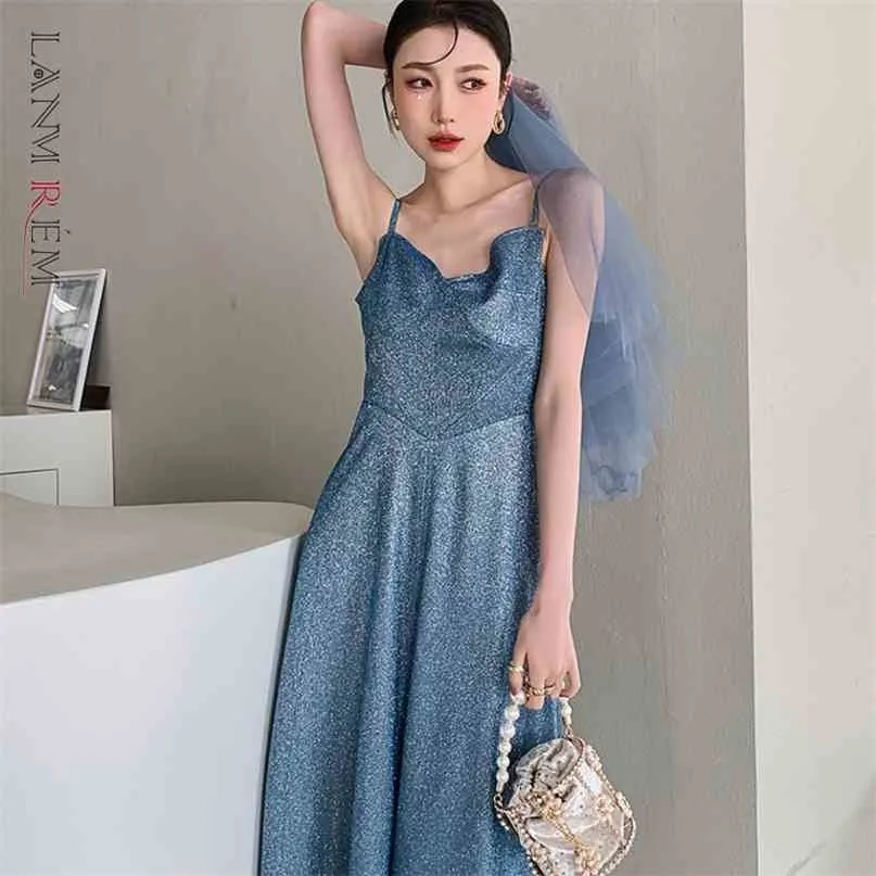 Women A-line Sleeveless V-neck Spaghetti Strap Dress Slim Blue Color Fit Fashion Summer Arrivals 2H044 210526