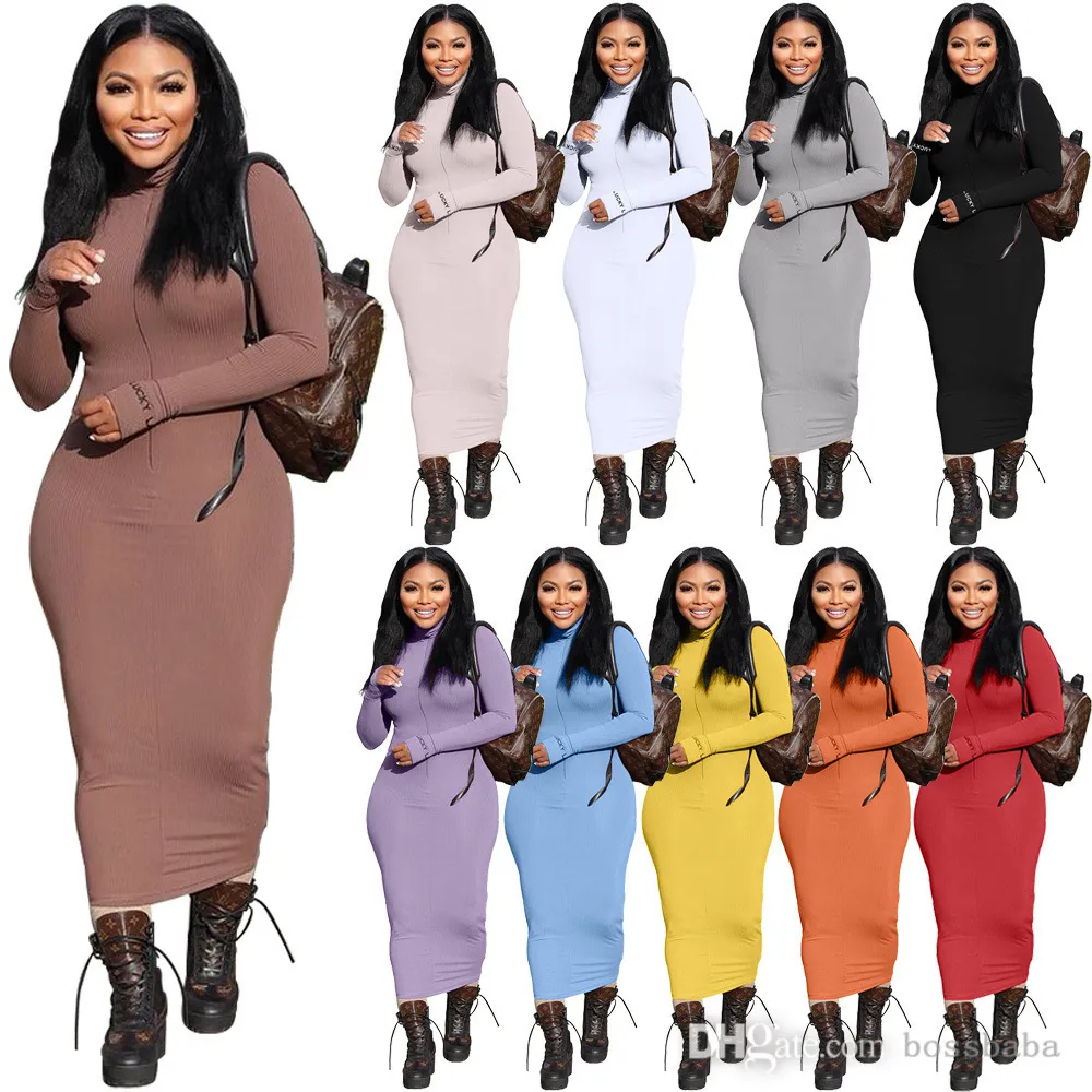 Robe longue décontractée pour femmes mode col haut tricot côtelé fermeture éclair broderie étiquette chanceuse robes Designer couleur unie vêtements d'hiver