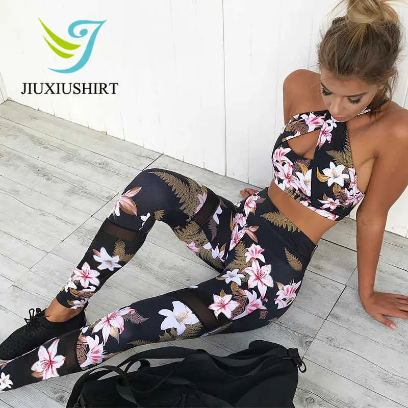 Kvinnor 2 bit yoga uppsättning gym fitness kläder blommig tryck bh + långa byxor som kör tights jogging träning yoga leggings sport kostym q190521