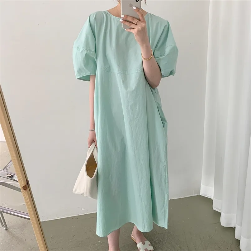 Gröna långa klänningar för kvinnor Lös Casual Puff Sleeve Vintage Oversized Sommar Koreansk Bomull Midi T Shirt Dress 210529