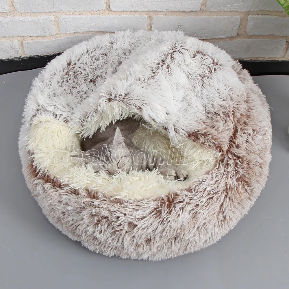 Camas para gatos Muebles de felpa para mascotas Cama para perros Casa Cálida Redonda Gatito Semicerrado Nido de invierno Perrera Gatos Sofá Estera Cesta Saco de dormir HDW0001