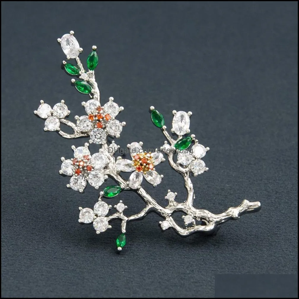 Elegant plum blossom flower cubic zirconia brooches pin lady scarf buckle wedding jewelry accessory for women