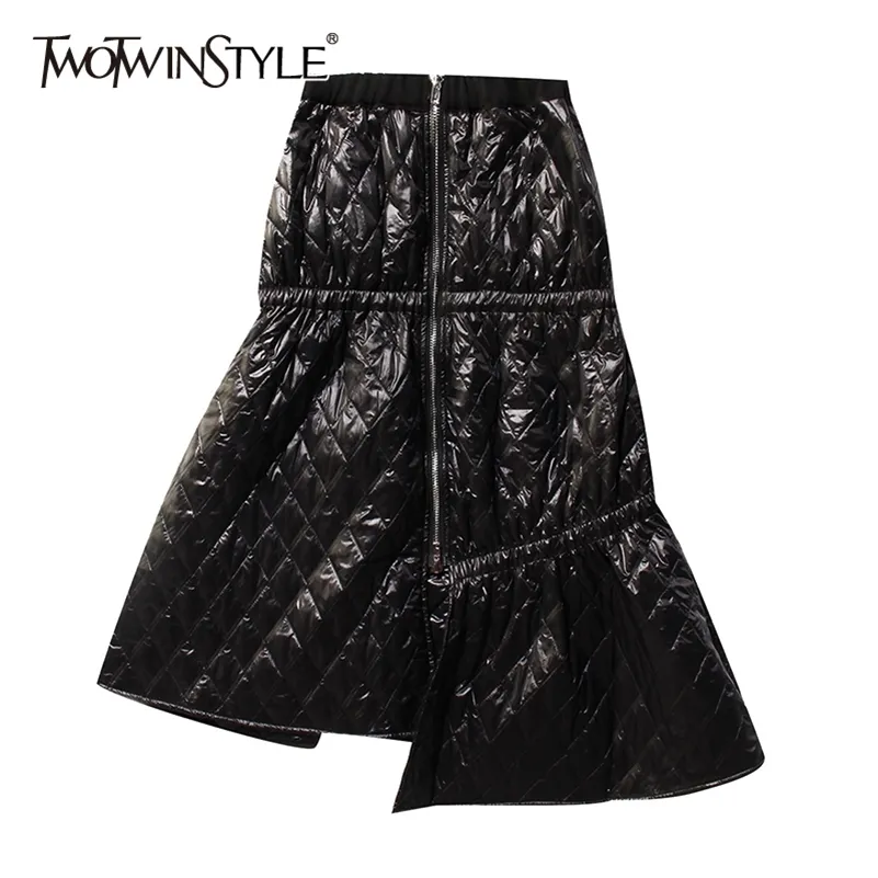 Twotwinstyle assimétrico argyle saia para mulheres cintura alta retalhos zíper casual algodão saia feminina moda roupas inverno 210310