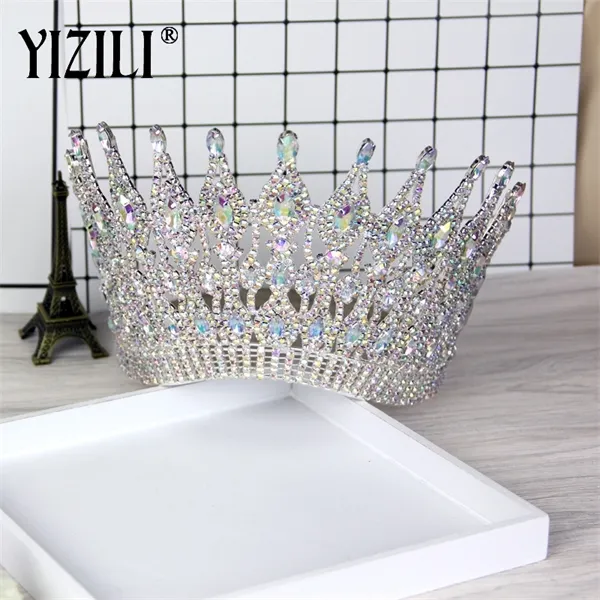 Yizili nieuwe luxe grote Europese bruid bruiloft kroon prachtige kristal grote ronde koningin kroon bruiloft haaraccessoires C021 x0625
