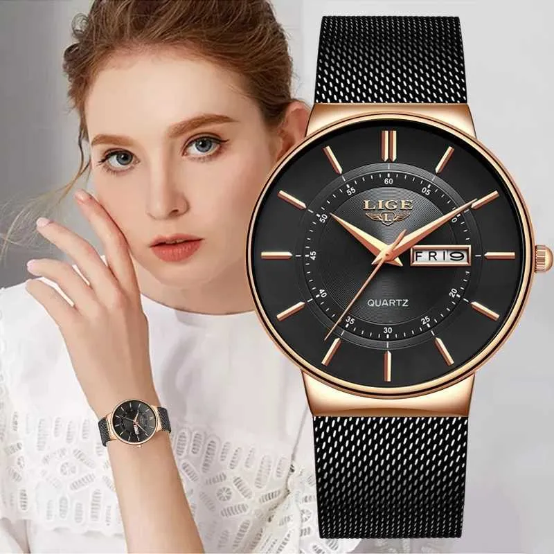 Lige Women Watches Luxury Marca Ultra-fina Semana de Calendário de Quartzo Relógio Senhoras Malha De Aço Inoxidável Presente Impermeável Reloj Muje + Box 210527